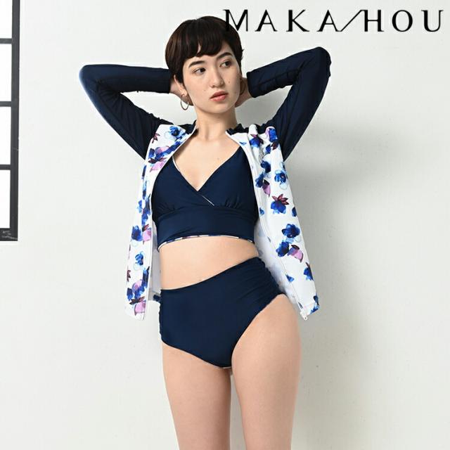 [ MAKA-HOU ] 前ZIPラッシュガード [ 11W12 ] [ brush flower ] レディース 長袖 ロングスリーブ マリンウエア スイムウェア