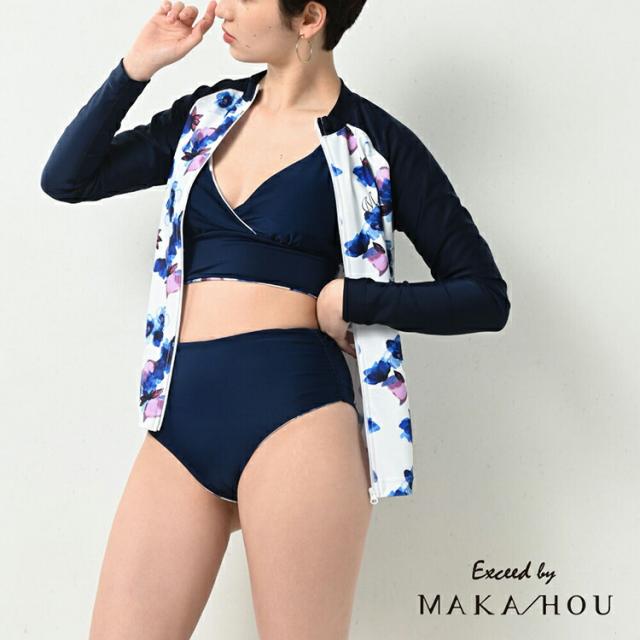 [ MAKA-HOU ] 前ZIPラッシュガード [ 11W12 ] [ brush flower ] レディース 長袖 ロングスリーブ マリンウエア スイムウェア
