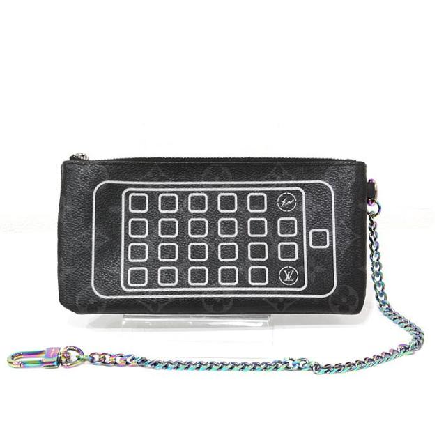美品　ルイ・ヴィトン×フラグメント 藤原ヒロシ コラボ モノグラム・エクリプス フラッシュ iphoneポーチ M64433 iPhoneケース レインボーチェーンストラップ フォンケース 中古 LOUIS VUITTON