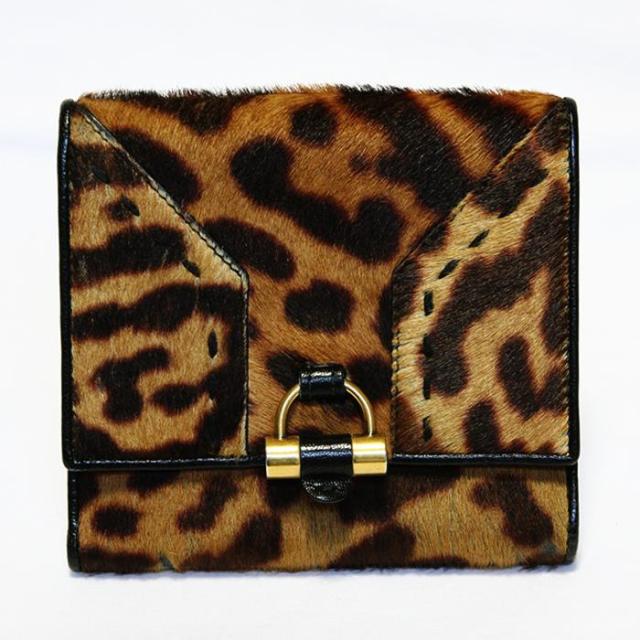 イブ・サンローラン フラップ式コインポケット レオパード ハラコ レザーウォレット 2つ折り財布 中古 YVES SAINT LAURENT