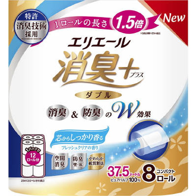 【送料込・まとめ買い×10個セット】大王製紙 エリエール 消臭+ トイレットティシュー 芯からしっかり香るフレッシュクリアの香り コンパクト 8ロール入 ダブル トイレットペーパー