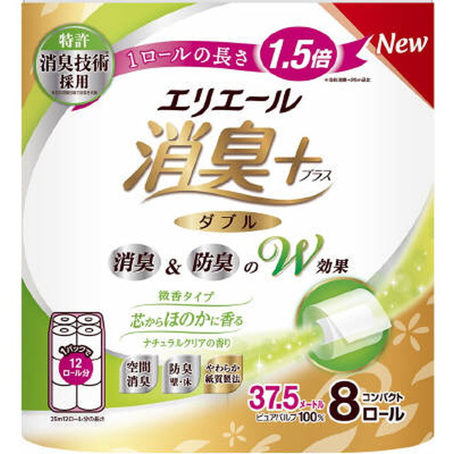 【送料込・まとめ買い×10個セット】大王製紙 エリエール 消臭+ トイレットティシュー 芯からほのかに香るナチュラルクリアの香り コンパクト 8ロール入 ダブル トイレットペーパー