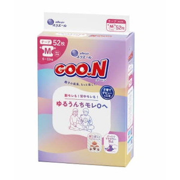 【送料込・まとめ買い×4個セット】グーン ゆるうんちモレ0へ Mサイズ テープ 52枚 こども用紙おむつ