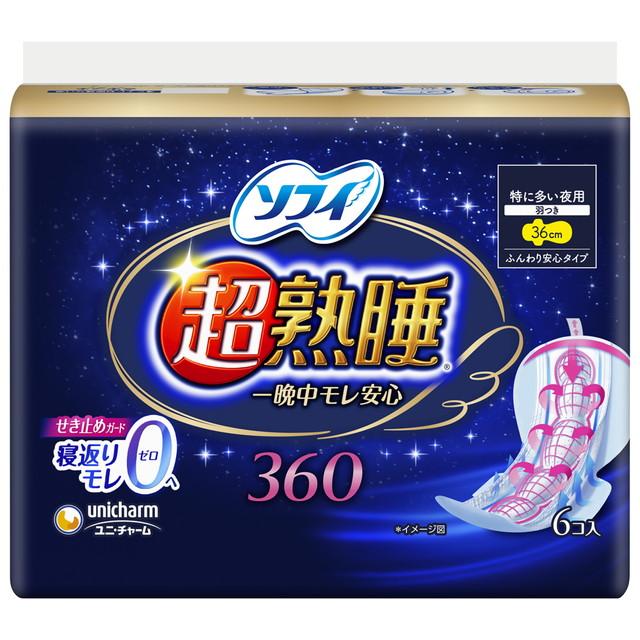 【送料込・まとめ買い×24個セット】ユニ・チャーム ソフィ 超熟睡ガ-ド360 特に多い夜 羽つき 6枚 余裕の長さ36cmの夜用ナプキン