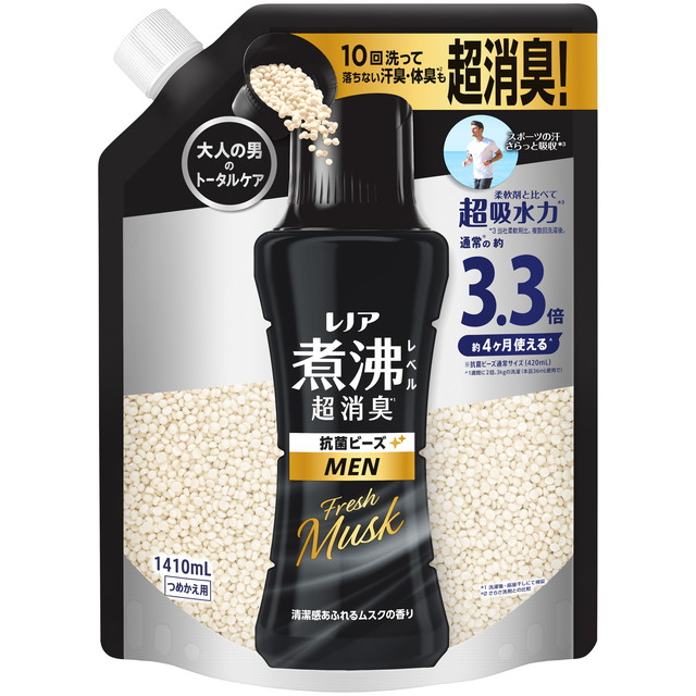 【送料込・まとめ買い×5個セット】P&amp;G レノア 煮沸レベル 超消臭 抗菌ビーズ MEN 清潔感あふれるムスクの香り つめかえ用 超特大 1410mL