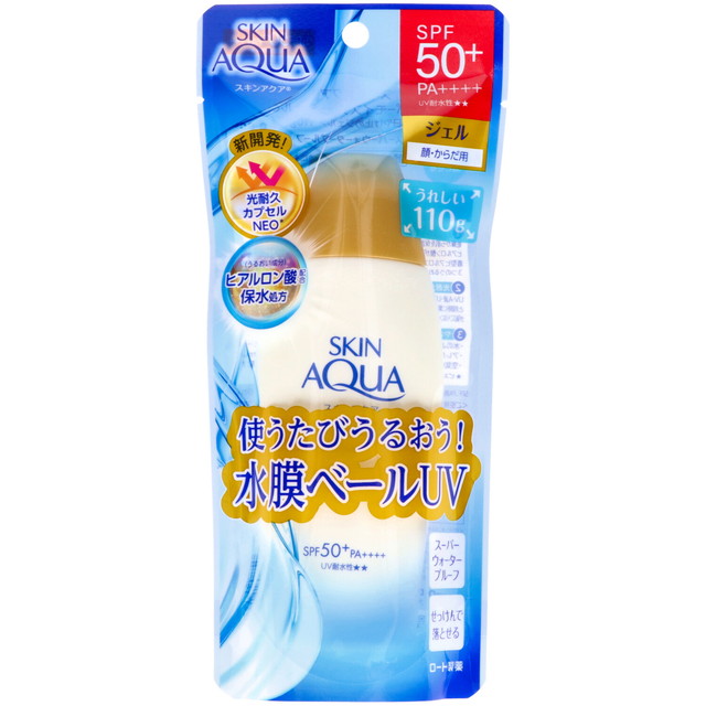 【送料込・まとめ買い×10個セット】ロート製薬 スキンアクア スーパーモイスチャー ジェル 110g 顔・からだ用 スーパーウォータープルーフ SPF50+ PA++++