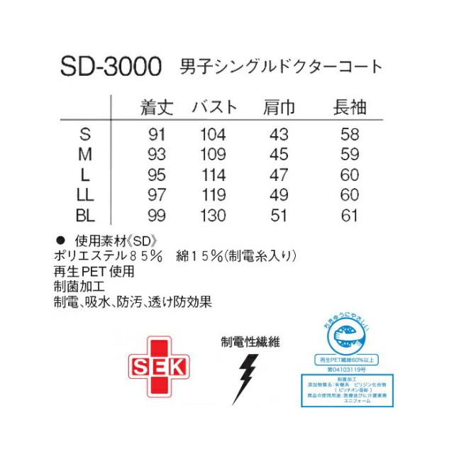 白衣 ナガイレーベン メンズ SD-3000 シングル ドクターコート 形態安定加工 実験用白衣_9