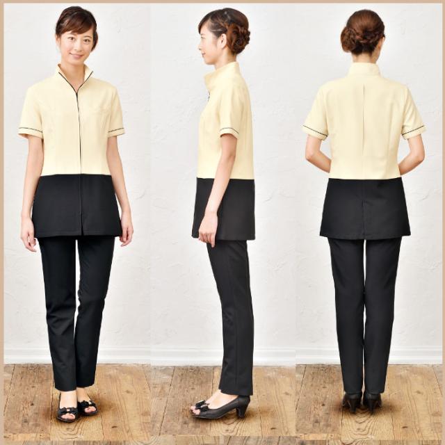 エステ ユニフォーム E-3132 ライトベージュ×ブラック 制服 白衣 ジャケット チュニック サロン シロタ エステティック ヒーリング 半袖 shirota | レディース ユニホーム エステユニフォーム_4