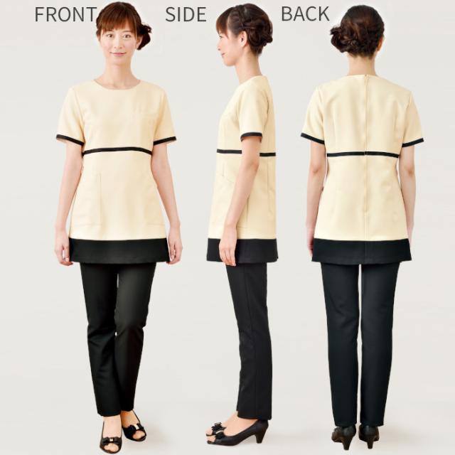 エステ ユニフォーム 制服 チュニック シンプル ラウンドネック 脚長 おしゃれ 高機能 大人っぽい シロタコーポレーション 半袖 ハイウエスト S M L LL ベージュ ブラック 薄茶 黒 ツートーン ポケット 動きやすい すっきり 収納 後ろファスナー ヒーリング E-3141_1