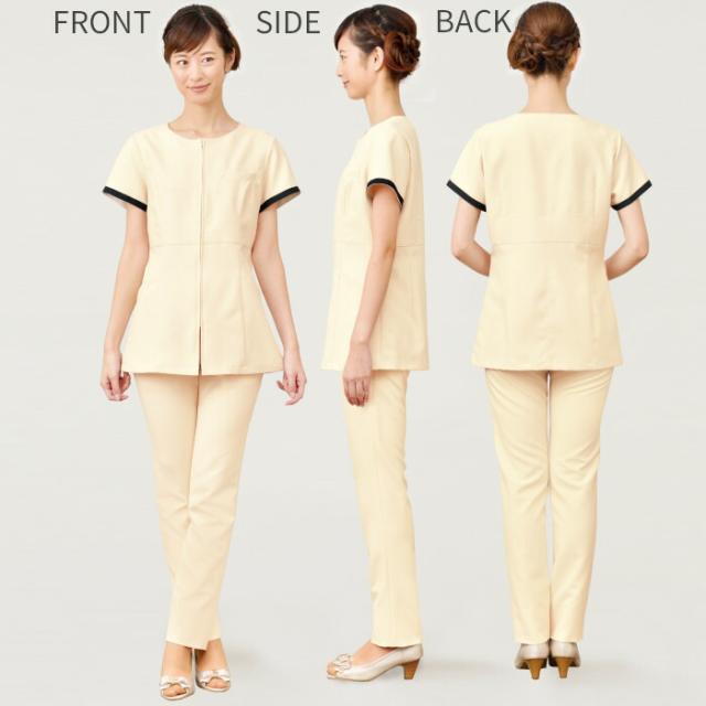 エステ ユニフォーム 制服 ジャケット チュニック シンプル おしゃれ 高機能 大人っぽい シロタコーポレーション 半袖 ハイウエスト S M L LL ベージュ ブラック 薄茶 黒 ワンポイント ポケット 動きやすい すっきり 収納 フロントファスナー 前ファスナー 前開き E-3142_2
