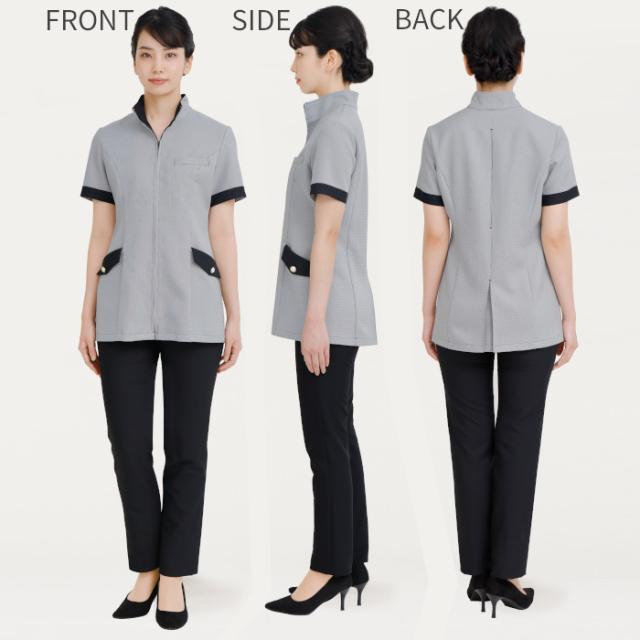 エステ ユニフォーム 制服 ジャケット チュニック おしゃれ シンプル スキッパー 立ち襟 撥水 水をはじく 油をはじく 撥油 ストレッチ シロタコーポレーション 前ファスナー フロントファスナー 前開き S M L LL チドリ ブラック 黒 モノトーン ポケット 美しい E-3150_1