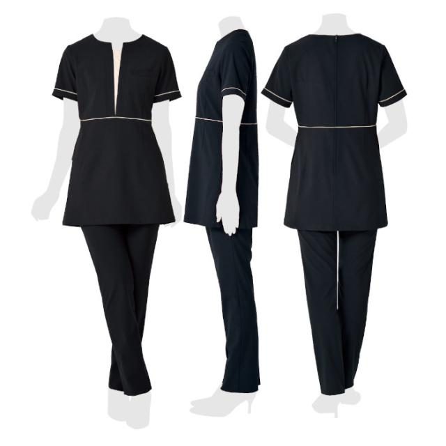 エステ ユニフォーム 制服 チュニック ストレッチ シンプル おしゃれ シロタコーポレーション 半袖 S M L LL ブラック 動きやすい すっきり 後ろファスナー ヒーリング ネイルサロン 化粧品販売 E-3161-5_3