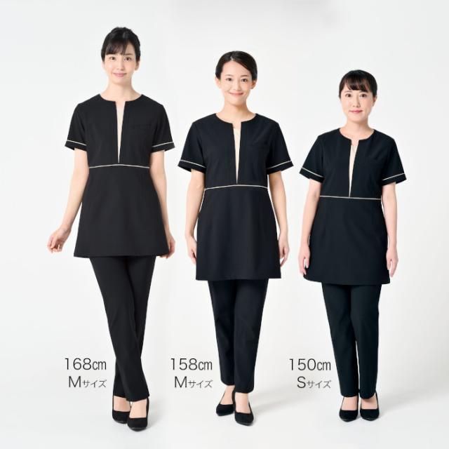 エステ ユニフォーム 制服 チュニック ストレッチ シンプル おしゃれ シロタコーポレーション 半袖 S M L LL ブラック 動きやすい すっきり 後ろファスナー ヒーリング ネイルサロン 化粧品販売 E-3161-5_4