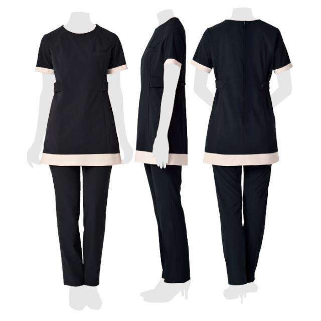 エステ ユニフォーム 制服 チュニック ストレッチ シンプル おしゃれ シロタコーポレーション 半袖 S M L LL ブラック 動きやすい すっきり 後ろファスナー ヒーリング ネイルサロン 化粧品販売 E-3161-5_3
