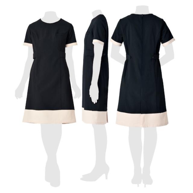 エステ ユニフォーム 制服 ワンピース ストレッチ シンプル おしゃれ シロタコーポレーション 半袖 S M L LL ブラック 動きやすい すっきり 後ろファスナー ヒーリング ネイルサロン 化粧品販売 E-3162-5_3