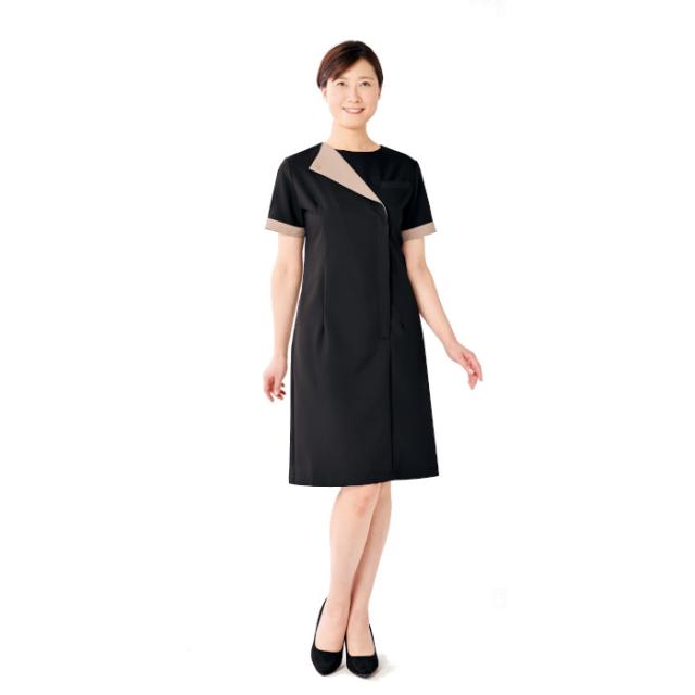 エステ ユニフォーム 制服 ワンピース かわいい ネイル サロン ストレッチ おしゃれ シロタコーポレーション 黒 キャメルベージュ 撥水 撥油 制電 E-3165 SHIROTA elefee エレフィ_2