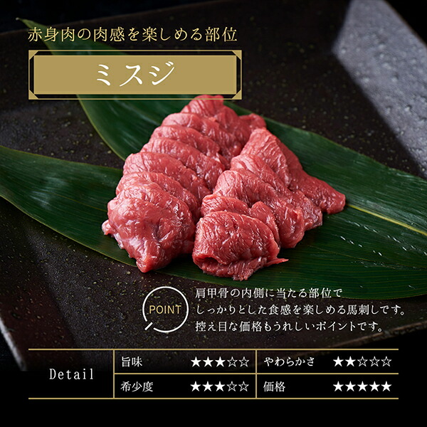 【送料無料】【冷凍】会津ブランド認定 国産馬刺し｜6種食べ比べ 合計300g（ランプ・ロース・内モモ・ミスジ・ツカミ・ユッケ 各約50g）｜自家製にんにく辛子味噌＆馬刺しに合うだし醤油付き｜赤身 馬肉 会津 福島 国産 ギフト お土産_10