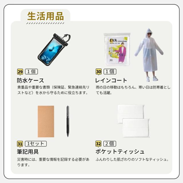 防災セット 【特典付き】１人用 32点セット 防災グッズ 防災リュック 一人用 防災バッグ 女性用 男性用 家族用 懐中電灯 充電器 防災ラジオ 地震対策 寝袋 防災用トイレ 長期間保存食 長期保存水 モバイルバッテリー 救急セット_16