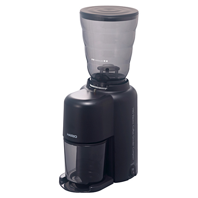 HARIO(ハリオ)V60 電動コーヒーグラインダーコンパクトN EVCN8B 内部に静電気除去機能を搭載し、 フタにはクリーナー機能が付いた電気コーヒーグラインダー。