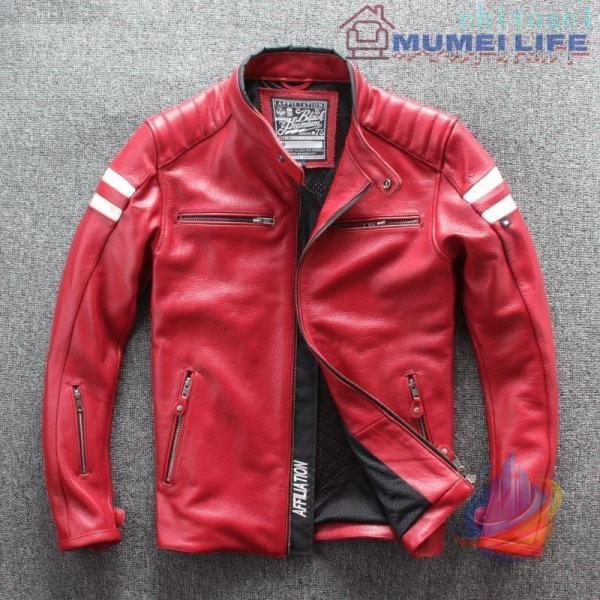 高級感満載！★赤★高品質牛革レザージャケット ★スリム立ち襟メンズゾンチーバイクオートバイト★ ライダース★サイズ選 択可★ 着回し きれいめ