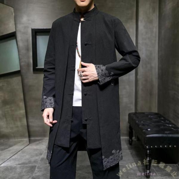 チャイナ服メンズロングジャケットカーディガン長袖漢服カンフーウェア Welina（株） スタンドカラーチャイナ風中華風男性用 スプリングコートおしゃれ
