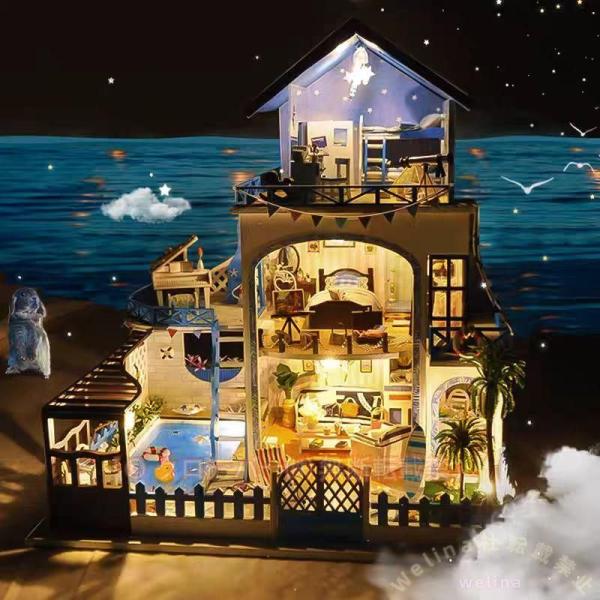 １／２４ミニチュア手作りキット　エーゲ海の別荘風　ＬＥＤライト＆オルゴール付きWelina（株）　英語説明書　アクリルケース付　おしゃれ工作　インテリア模型