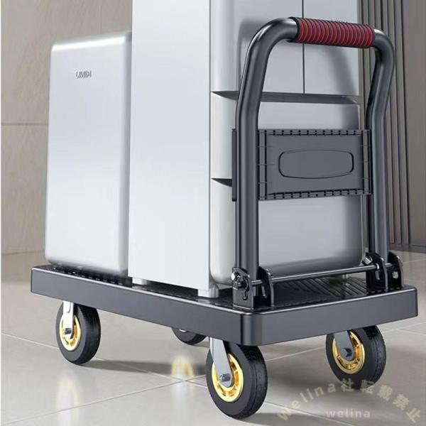 ワゴン荷車 台車 72×48cm 耐摩耗板 Welina 4インチ超強静音輪 耐落下 頑丈 運搬 荷物運び 物流 作業用 キャスター