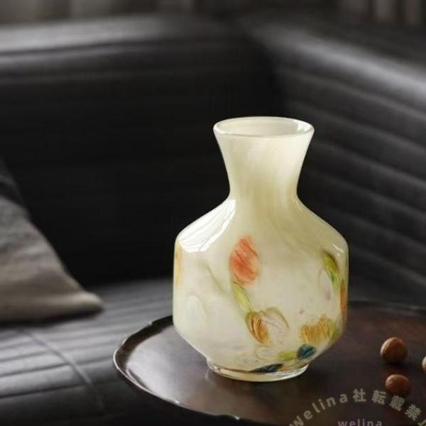 琥珀ガラス 花瓶 瑠璃花器 置物 Welina 玉質 透明感 インテリア装飾 リビング 玄関 茶室 おしゃれ ギフト 手作り風