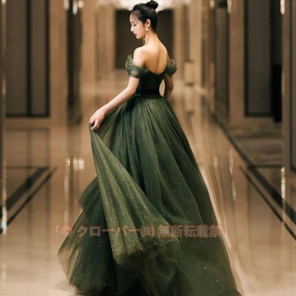 カラードレス グリーン オフショル Aライン ロング Welina（株） 演奏会用 発表会 ピアノ 二次会 花嫁 イブニング パーティー ステージ衣装 緑で華やか