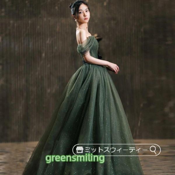カラードレス グリーン オフショル Aライン ロング Welina（株） 演奏会用 発表会 ピアノ 二次会 花嫁 イブニング パーティー ステージ衣装 緑で華やか_4