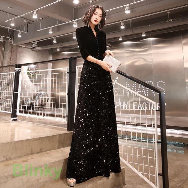 母親ドレス 結婚式 演奏会 袖付き Vネック ワンピース Welina（株） ピアノ発表会にも キラキラ上品 お呼ばれパーティードレス 大人用_1