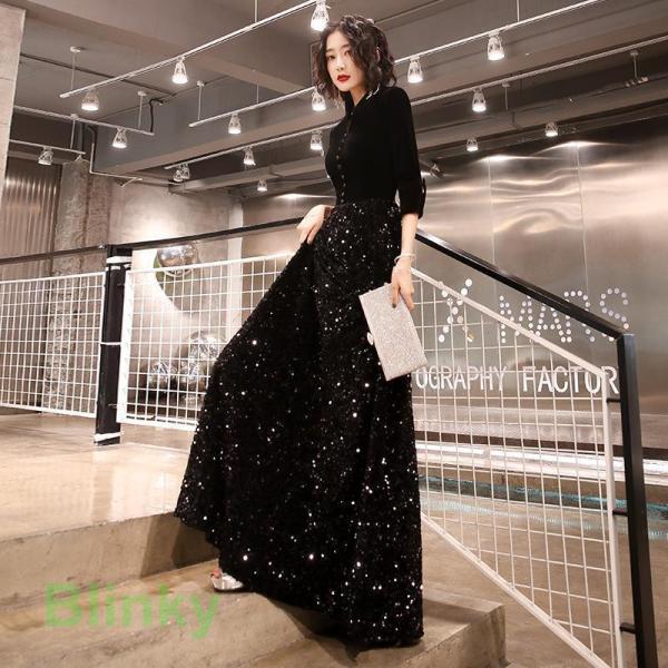 母親ドレス 結婚式 演奏会 袖付き Vネック ワンピース Welina（株） ピアノ発表会にも キラキラ上品 お呼ばれパーティードレス 大人用_2