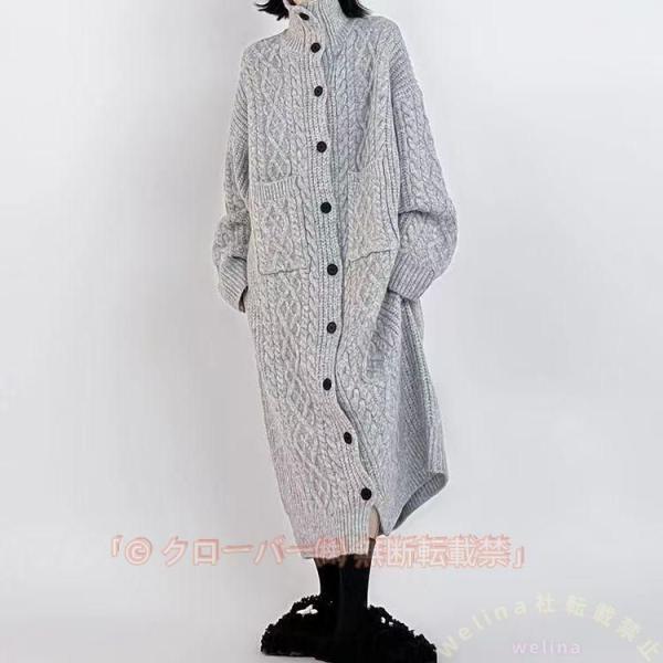 ケーブル編みロングカーディガン レディース Welina（株） ハイネック＆マキシ丈 秋冬の厚手アウター風 ニットカーデ/カーデコート 暖かい