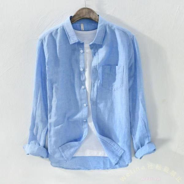 リネンシャツメンズ長袖綿麻薄手春夏無地シンプルおしゃれ涼しいポケットWelina（株）カジュアルシャツアメカジメンズトップス麻混シャツ