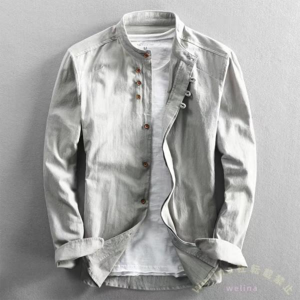 リネンシャツメンズ長袖綿麻無地立ち襟30-50代春服秋服カジュアルWelina（株）おしゃれリネンコットントップス涼しいナチュラルメンズシャツ