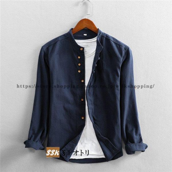 リネンシャツメンズ長袖綿麻無地立ち襟30-50代春服秋服カジュアルWelina（株）おしゃれリネンコットントップス涼しいナチュラルメンズシャツ_4