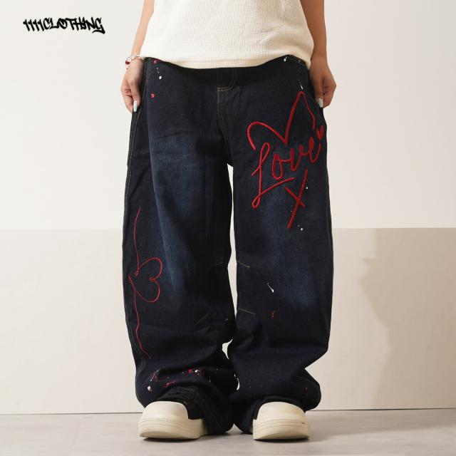 バレルレッグ パンツ メンズ バルーンパンツ レディース デニム ワイドパンツ ジーンズ ハート 刺繍 バレルパンツ ボトムス S M L XL 春 夏 秋 冬 韓国ファッション ストリート系 ブランド ストリートファッション_19