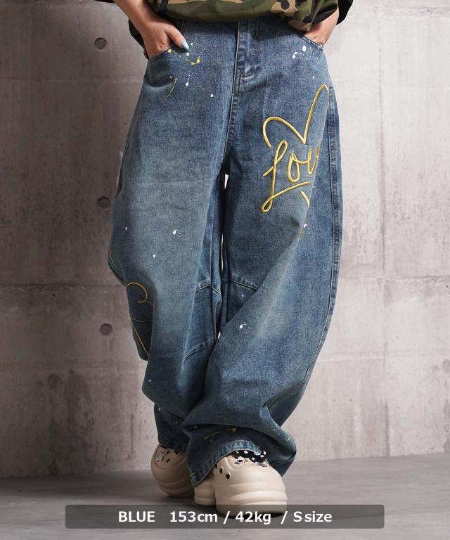 バレルレッグ パンツ メンズ バルーンパンツ レディース デニム ワイドパンツ ジーンズ ハート 刺繍 バレルパンツ ボトムス S M L XL 春 夏 秋 冬 韓国ファッション ストリート系 ブランド ストリートファッション_7
