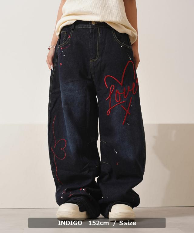 バレルレッグ パンツ メンズ バルーンパンツ レディース デニム ワイドパンツ ジーンズ ハート 刺繍 バレルパンツ ボトムス S M L XL 春 夏 秋 冬 韓国ファッション ストリート系 ブランド ストリートファッション_12