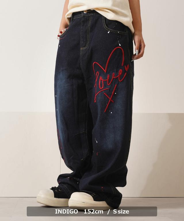 バレルレッグ パンツ メンズ バルーンパンツ レディース デニム ワイドパンツ ジーンズ ハート 刺繍 バレルパンツ ボトムス S M L XL 春 夏 秋 冬 韓国ファッション ストリート系 ブランド ストリートファッション_13
