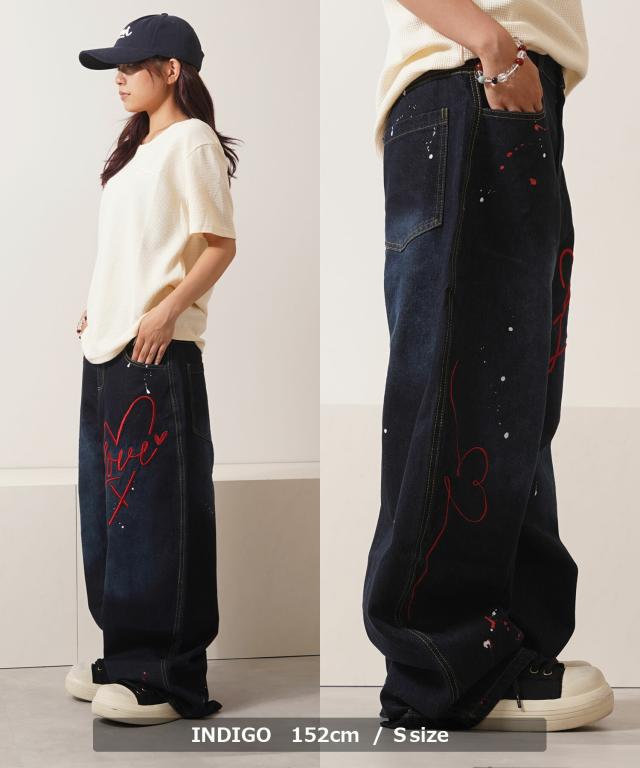 バレルレッグ パンツ メンズ バルーンパンツ レディース デニム ワイドパンツ ジーンズ ハート 刺繍 バレルパンツ ボトムス S M L XL 春 夏 秋 冬 韓国ファッション ストリート系 ブランド ストリートファッション_15