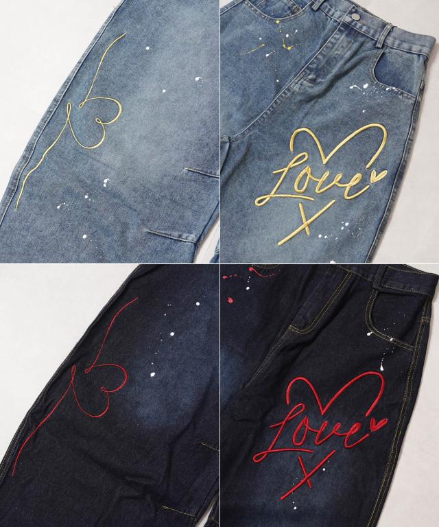 バレルレッグ パンツ メンズ バルーンパンツ レディース デニム ワイドパンツ ジーンズ ハート 刺繍 バレルパンツ ボトムス S M L XL 春 夏 秋 冬 韓国ファッション ストリート系 ブランド ストリートファッション_5