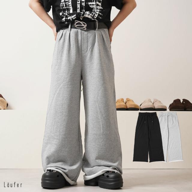 ワイドストレート スウェットパンツ メンズ バギーパンツ レディース 綿100 ワイド スエットパンツ ベルトループ付き 裾カットオフ ヘビーウェイト 裏毛 パンツ ボトムス 春 夏 秋 冬 韓国ファッション ストリート系 ストリートファッション ブランド Laufer / ロイファー