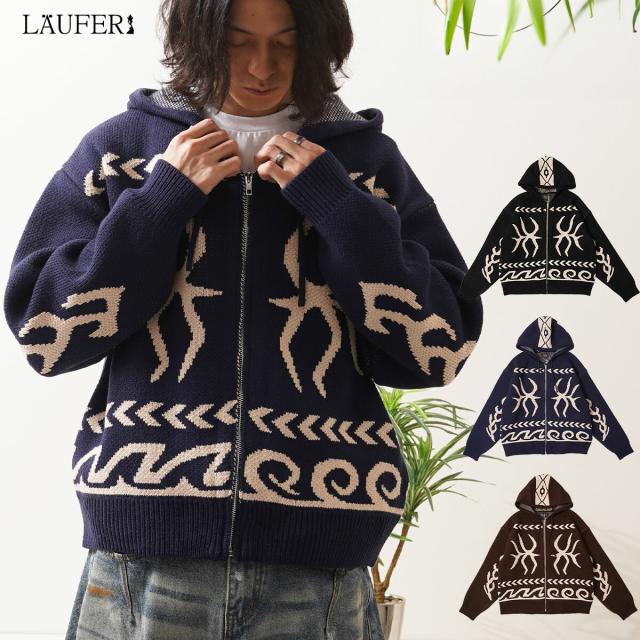 ニットジップアップパーカー メンズ ニット パーカー レディース ジップパーカー オルテガ柄 カウチン ニット フード トライバル柄 ゆったり ボックスシルエット 秋冬 秋服 冬服 春服 春ニット 韓国ファッション ストリート系 ブランド ストリートファッション Laufer