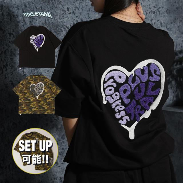 ミニ裏毛 ハート サガラ刺繍 Tシャツ メンズ トップス 綿100 半袖 レディース 春 ショート丈 韓国ファッション ストリート系 ブランド ストリートファッション 迷彩 セットアップ カジュアル 夏 ボックスシルエット
