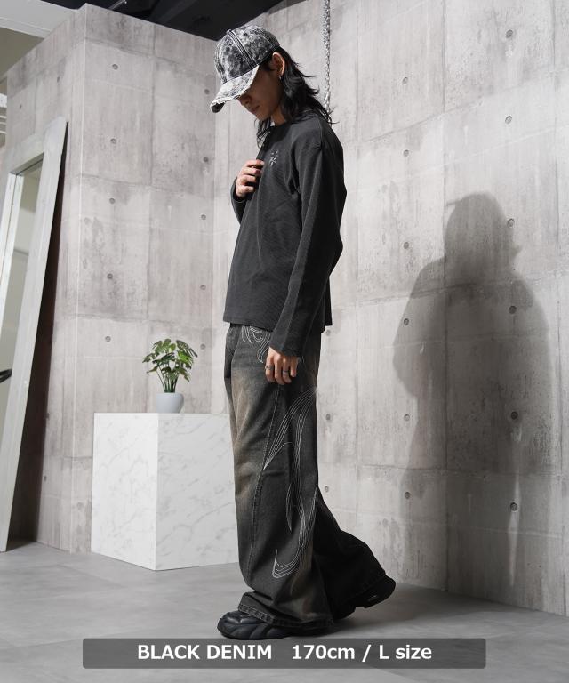 カーブパンツ メンズ カーブデニム レディース バギーパンツ デニム ワイドパンツ ツイル 黒 パンツ トライバル柄 ジーンズ 刺繍 ボトムス 春 夏 秋 冬 韓国ファッション ストリート系 ブランド ストリートファッション_13