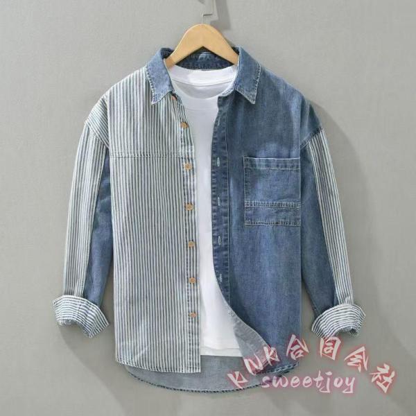 デニムシャツ メンズ ダンガリー ストライプ切り替え KNK(株） カジュアルシャツ トップス 春服 春物 羽織り おしゃれ こなれ感 アメカジ コーデに