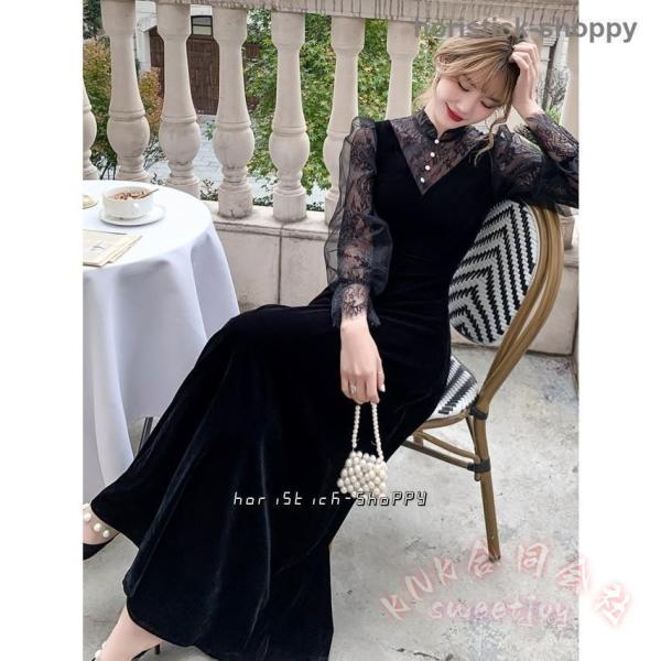 パーティードレス 結婚式 お呼ばれ ロングドレス 長袖 袖あり シースルー袖 黒 韓国風 KNK（株） 大きいサイズ3L 小さいサイズ きれいめ おしゃれ_9