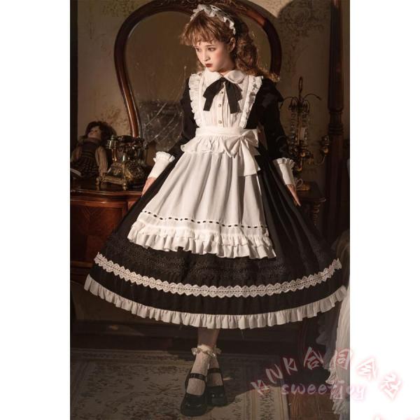 コスプレ メイド服 黒 ブラック KNK(株） 白 ホワイト 華やか メイド 豪華セット レディース ロリータ ワンピース ロリィタ メイド服 ロング クラシック_2