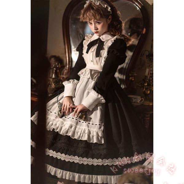 コスプレ メイド服 黒 ブラック KNK(株） 白 ホワイト 華やか メイド 豪華セット レディース ロリータ ワンピース ロリィタ メイド服 ロング クラシック_3